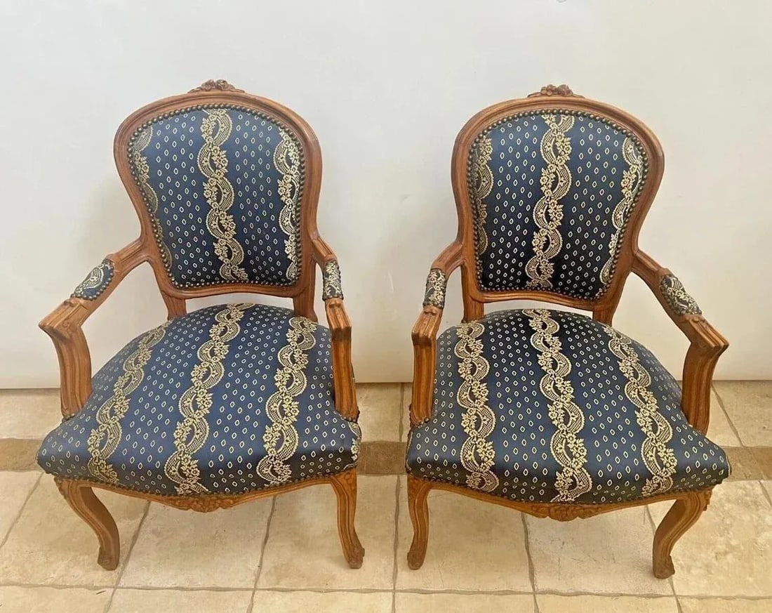 Antique Armchairs French Carved Crown Blue Silk Fabric - a Pair - 2