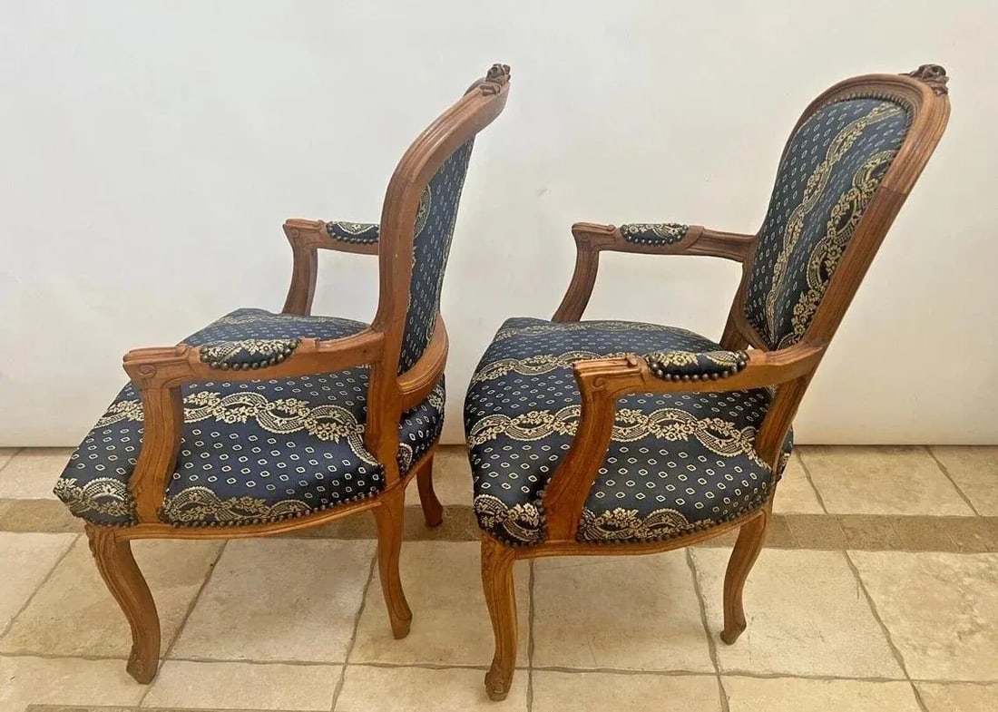 Antique Armchairs French Carved Crown Blue Silk Fabric - a Pair - 3