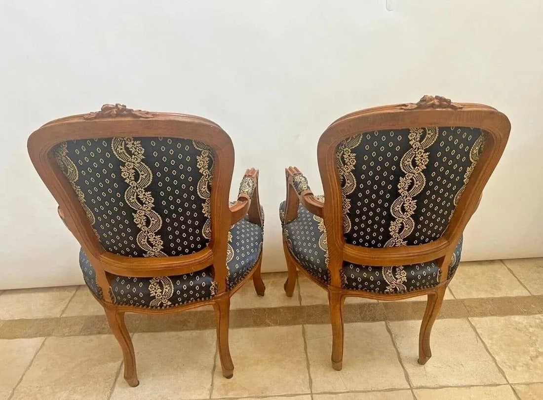 Antique Armchairs French Carved Crown Blue Silk Fabric - a Pair - 4