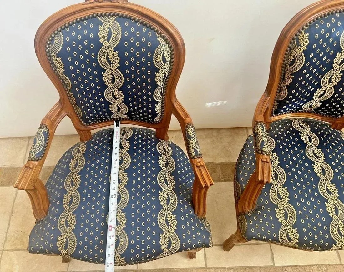 Antique Armchairs French Carved Crown Blue Silk Fabric - a Pair - 7