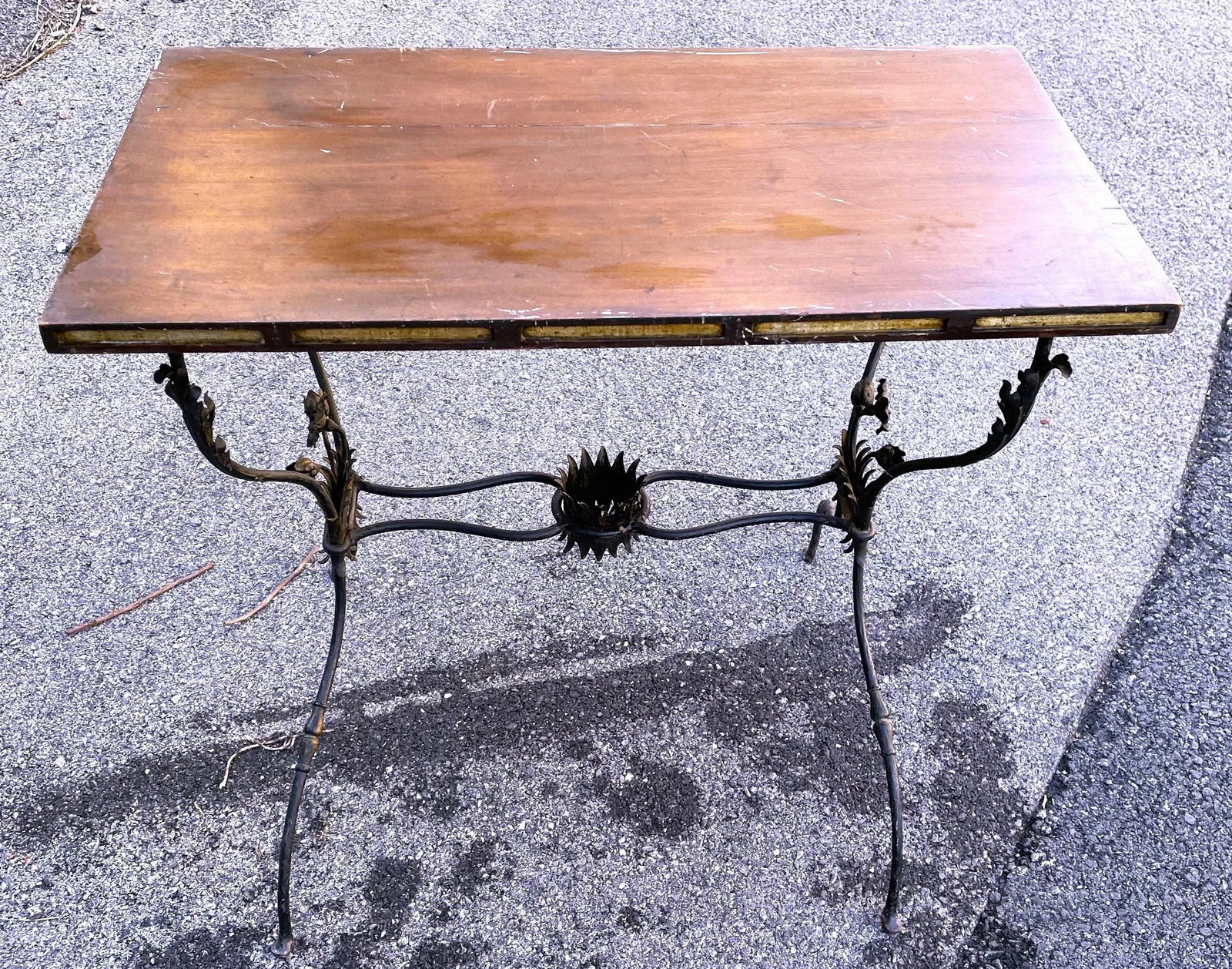 French Wrought Iron Side Table W/ Flowers & Wooden Top - 2