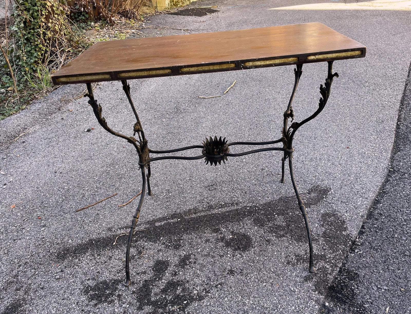 French Wrought Iron Side Table W/ Flowers & Wooden Top - 3