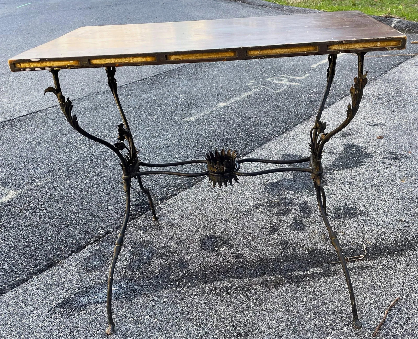 French Wrought Iron Side Table W/ Flowers & Wooden Top - 4