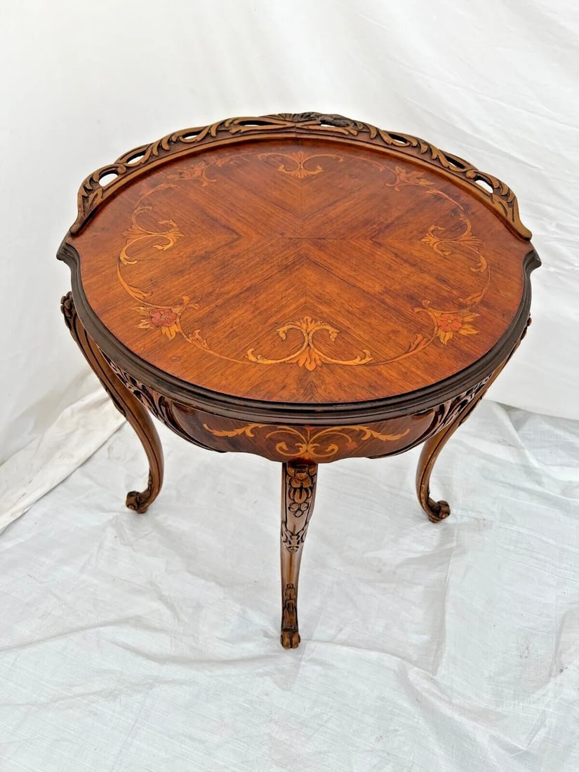 1920s Antique French Table Entry Stand Round Top Floral Hand Cut Inlays and Fret Work - 2