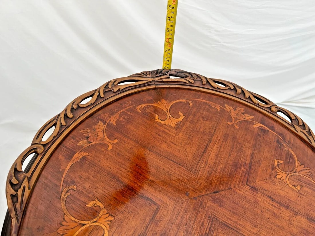 1920s Antique French Table Entry Stand Round Top Floral Hand Cut Inlays and Fret Work - 7