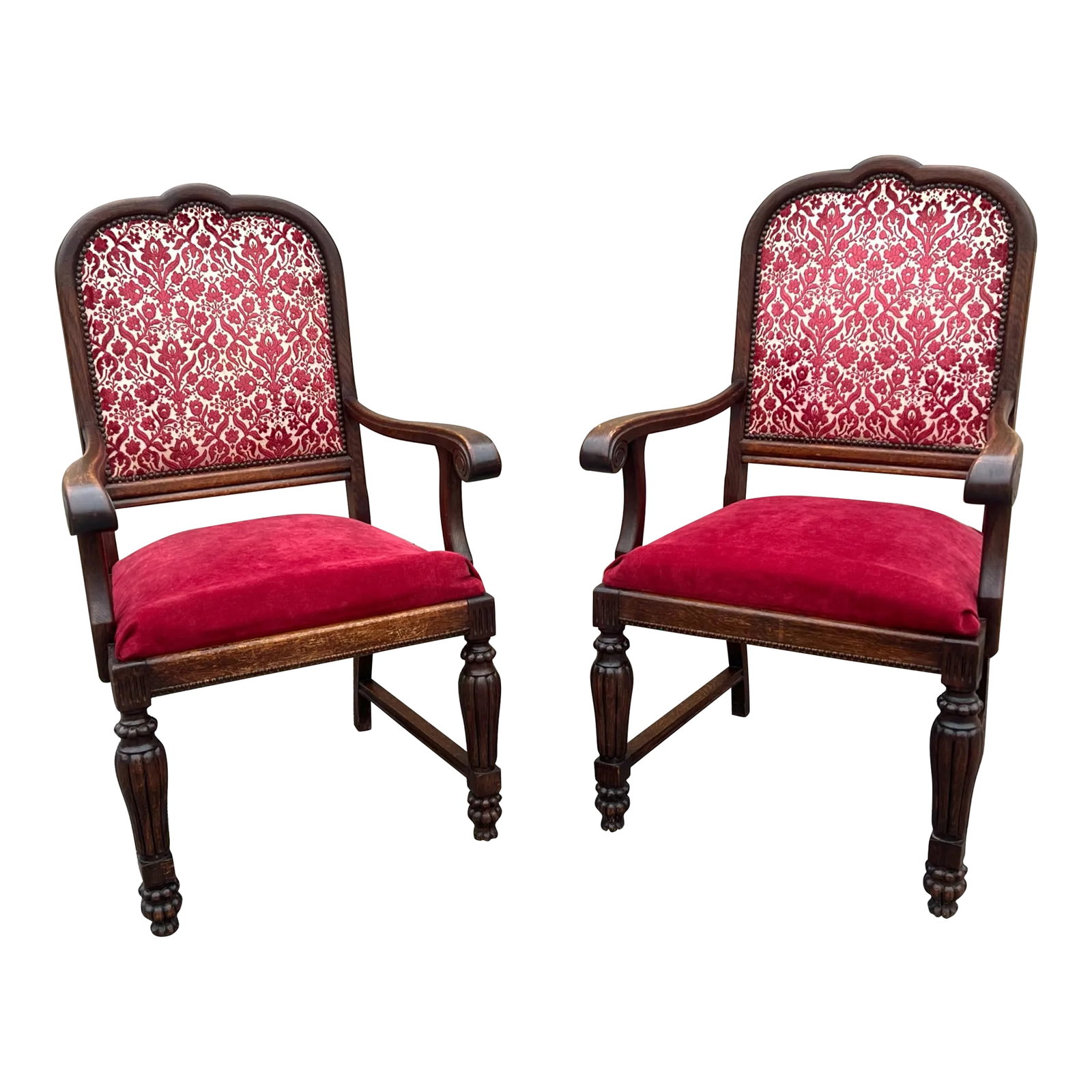 Vintage Louis XVI or French Country Style Bergere Arm Chairs - Pair: This is a pair of beautiful vintage French Louis XVI style or French Country style red fabric arm chairs or Bergere chairs. Solid and sturdy, with minor cosmetic imperfections consistent with age. Dim