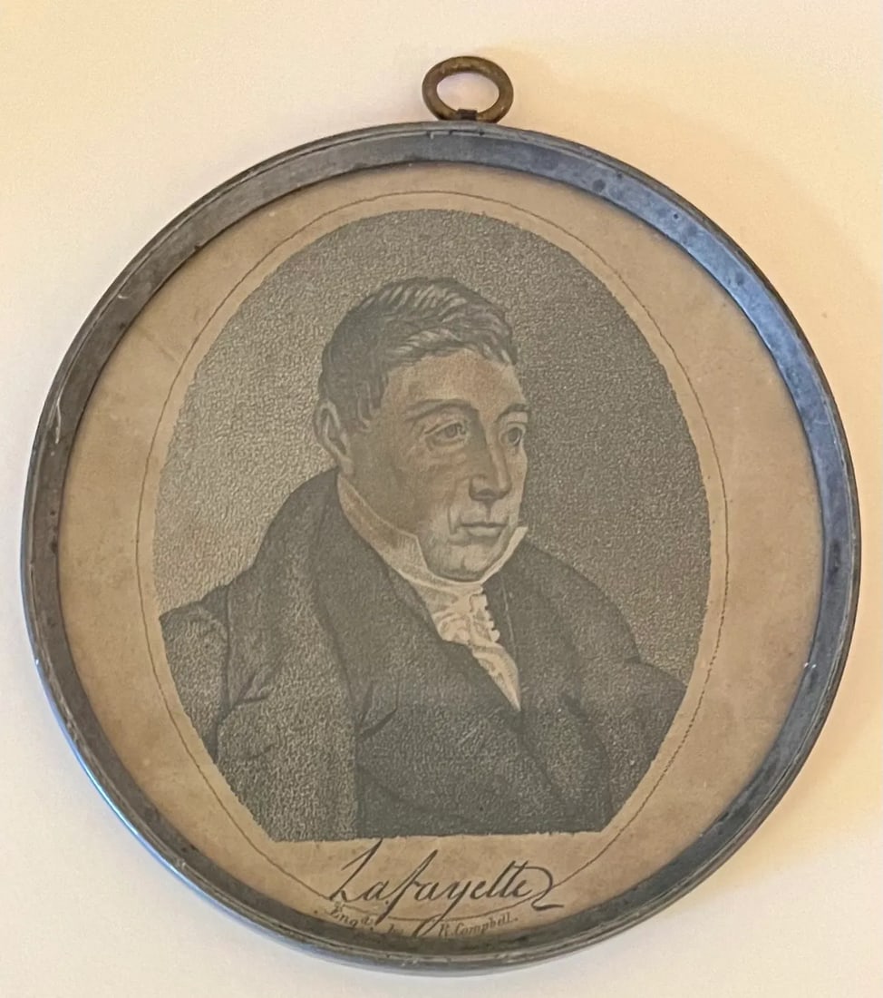 Antique Early 19th Century Small Federal American Classical Pocket Mirror With Portrait Engraving of - 3