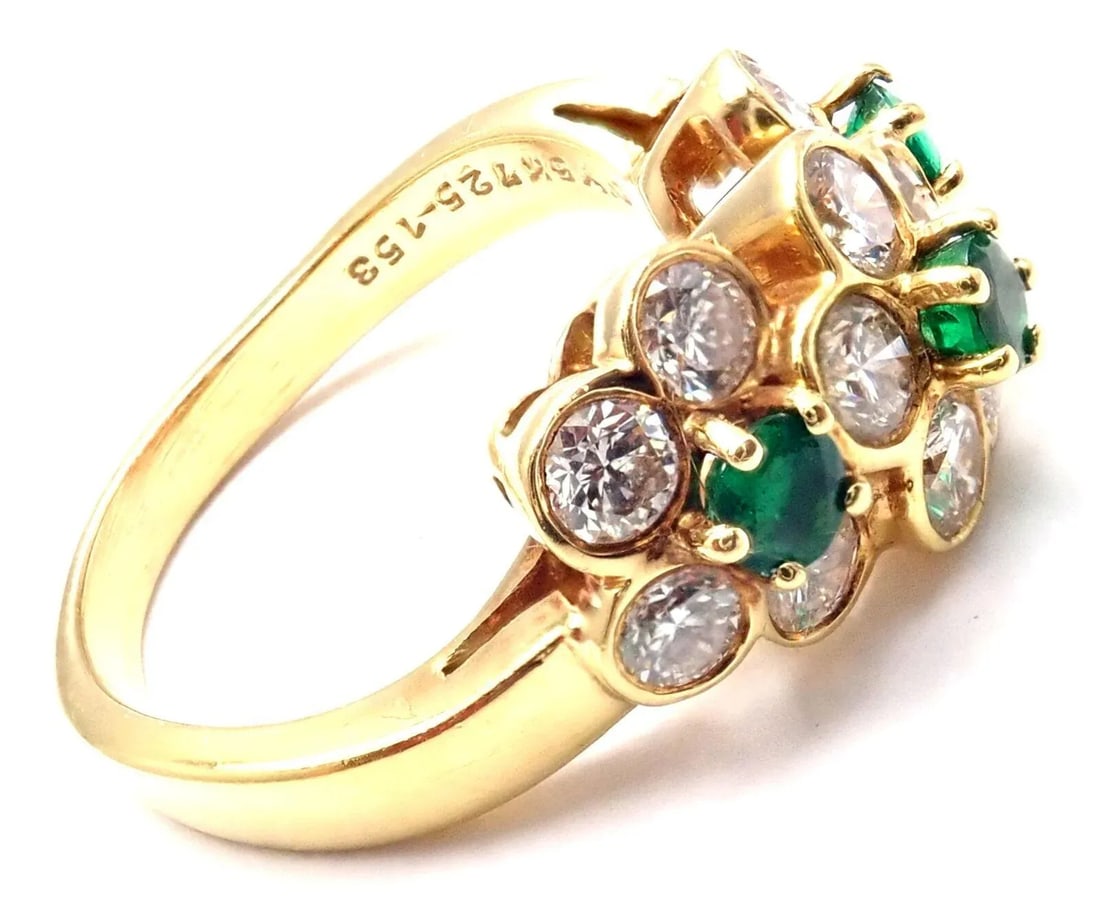 Van Cleef & Arpels 18k Yellow Gold Emerald Diamond Fleurette Ring, size 4.75 - 2