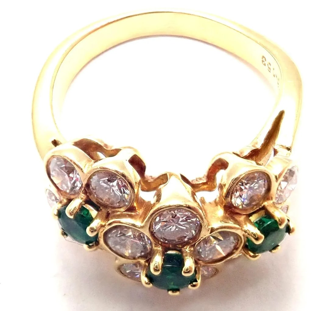 Van Cleef & Arpels 18k Yellow Gold Emerald Diamond Fleurette Ring, size 4.75 - 7