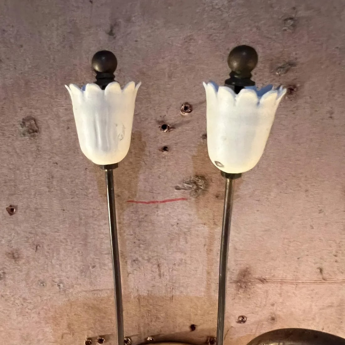 1950s Italian Wall Sconces White Flower Patinated Brass - 3