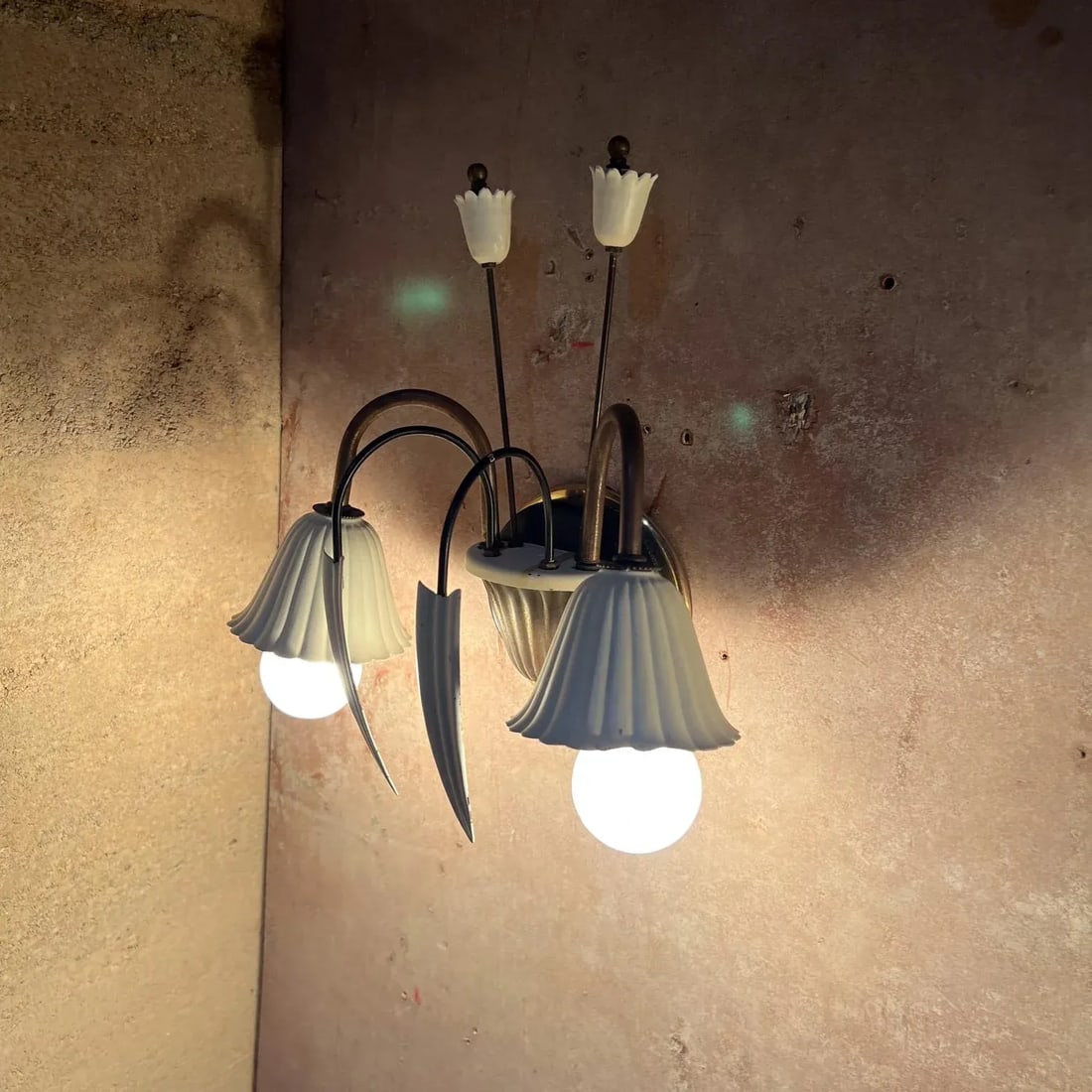1950s Italian Wall Sconces White Flower Patinated Brass - 5