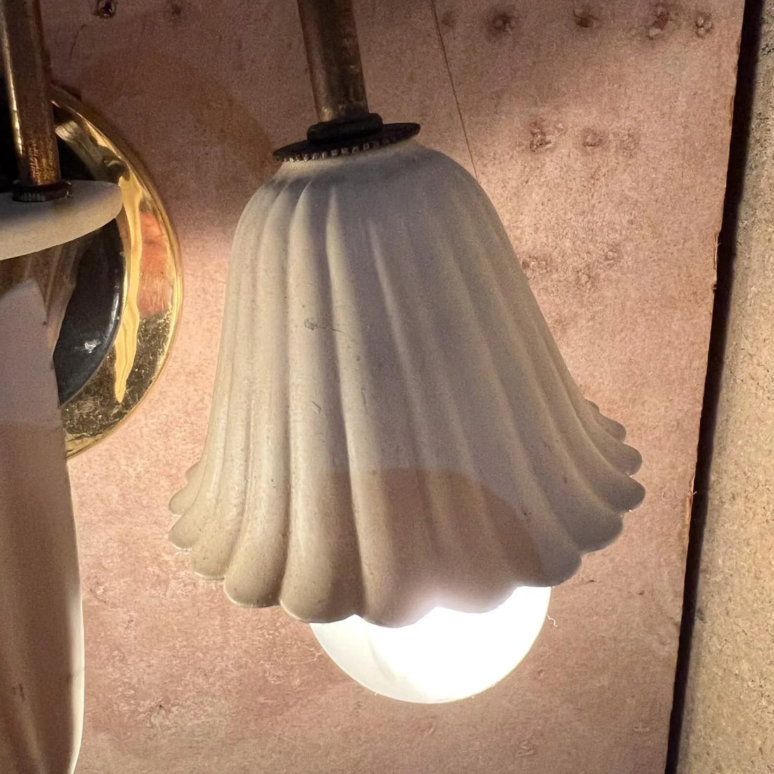 1950s Italian Wall Sconces White Flower Patinated Brass - 6