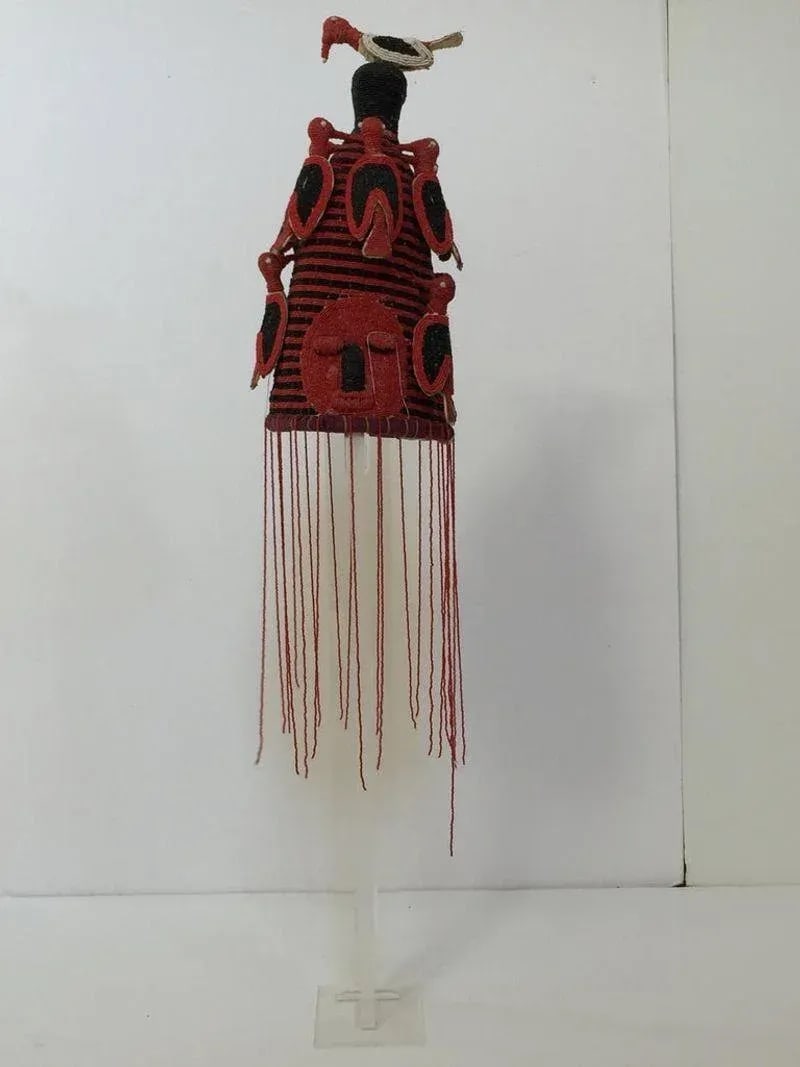 Yoruba Nigeria African Red Royal Beaded Headdress Crown on Lucite Stand - 2