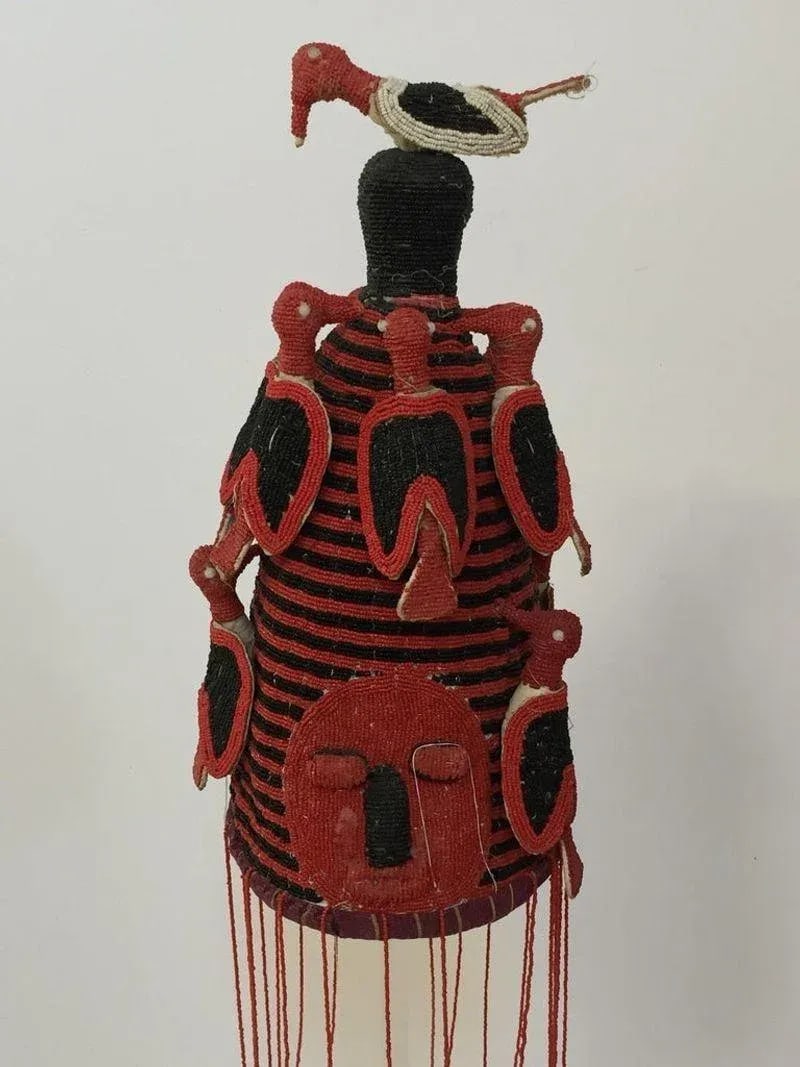 Yoruba Nigeria African Red Royal Beaded Headdress Crown on Lucite Stand - 3