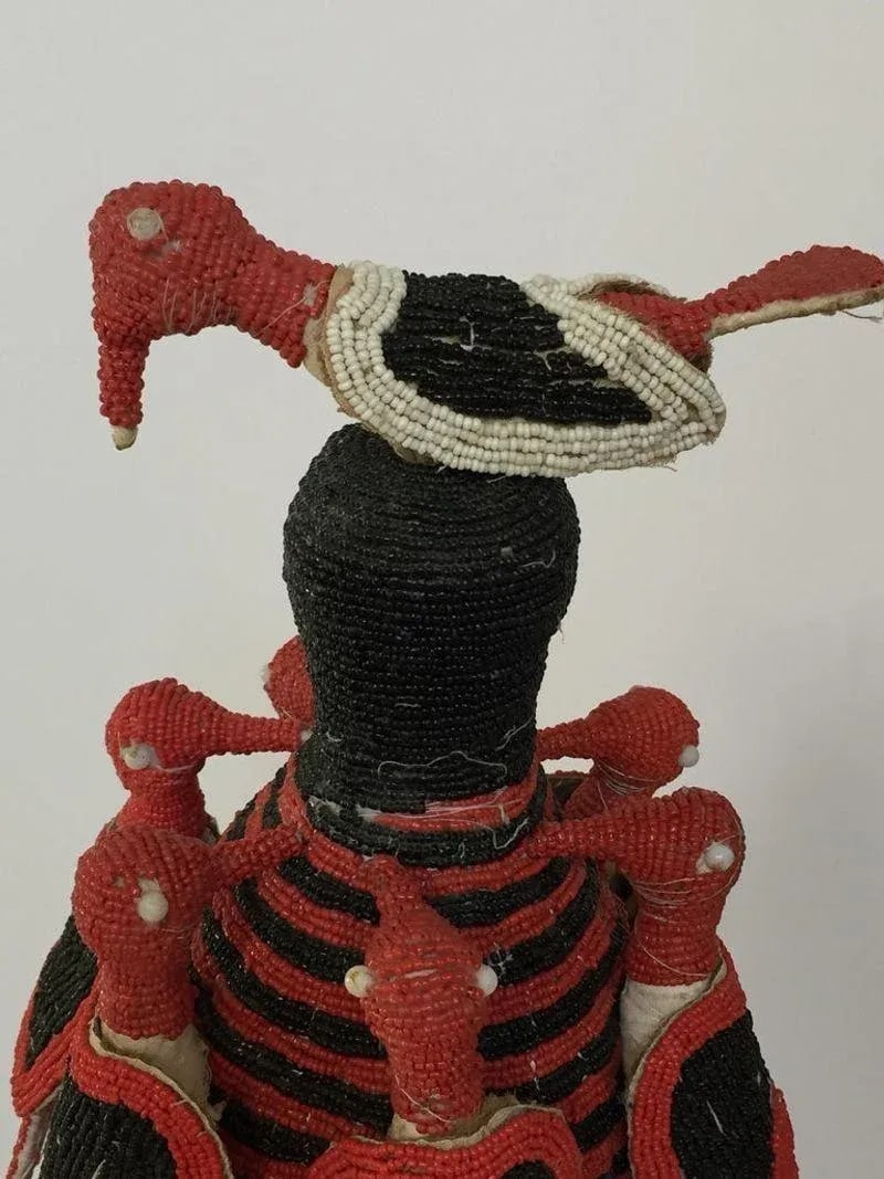 Yoruba Nigeria African Red Royal Beaded Headdress Crown on Lucite Stand - 5