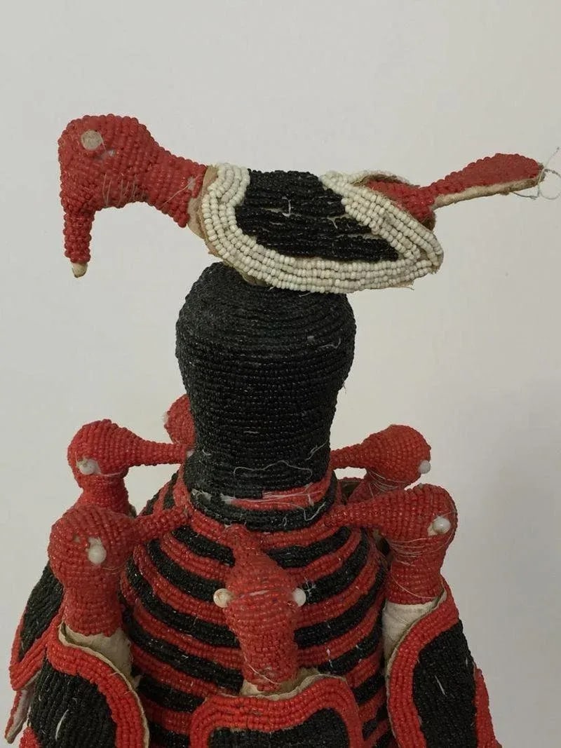 Yoruba Nigeria African Red Royal Beaded Headdress Crown on Lucite Stand - 6