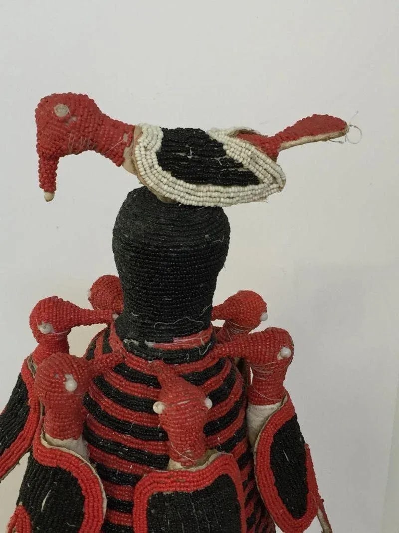 Yoruba Nigeria African Red Royal Beaded Headdress Crown on Lucite Stand - 7