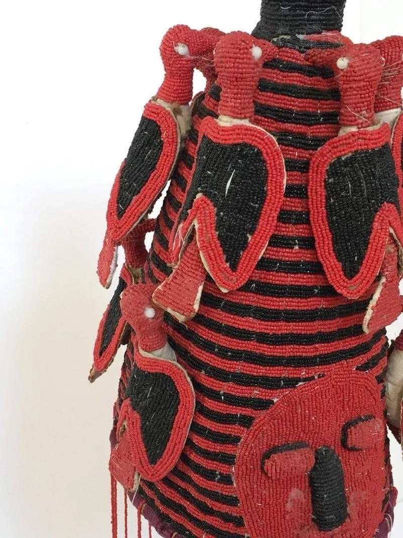 Yoruba Nigeria African Red Royal Beaded Headdress Crown on Lucite Stand - 8