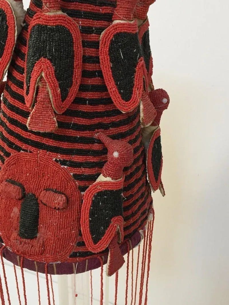 Yoruba Nigeria African Red Royal Beaded Headdress Crown on Lucite Stand - 9