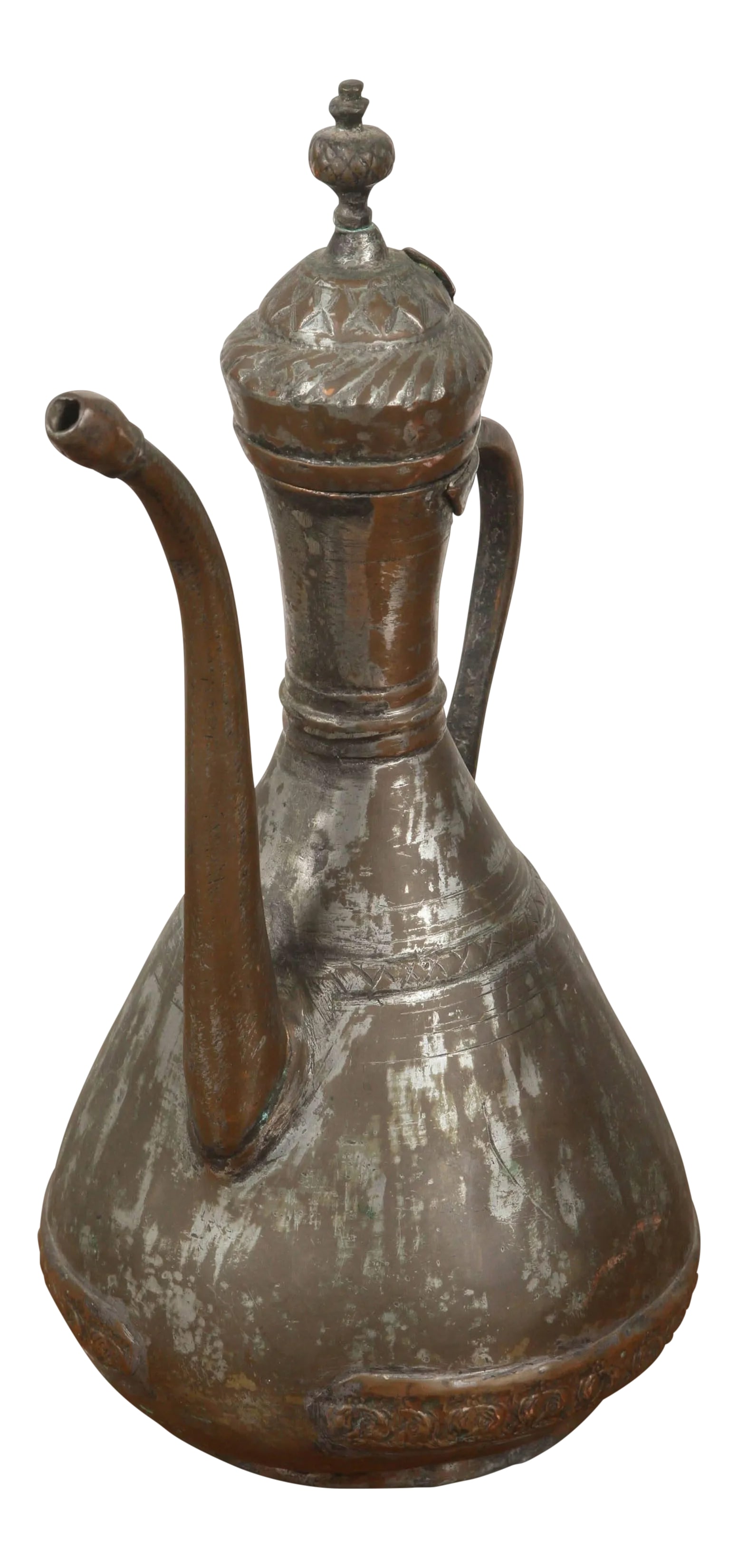 Middle Eastern Persian Tinned Copper Ewer: Middle Eastern Persian tinned copper ewer. Nice decorative hand-hammered ewer, great antique patina. Condition: Alterations: Original Condition Unaltered Imperfections: Some Imperfections Condition No