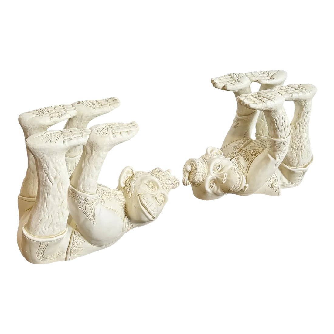 Boho Regency Plaster Monkey Tables by Continental Accents - a Pair: Add a whimsical touch to your space with this Vintage Regency Plaster Monkey Tables by Continental Accents - A Pair. Crafted with playful creativity, each table features a charming monkey with a hat,