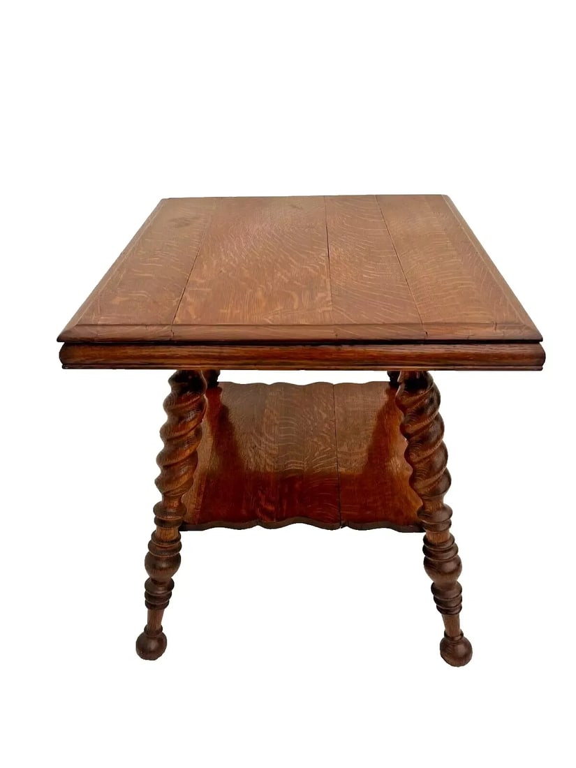 Antique Victorian Table Bottom Shelf Oak Barley Twist Legs Glass Ball Claw Feet - 4