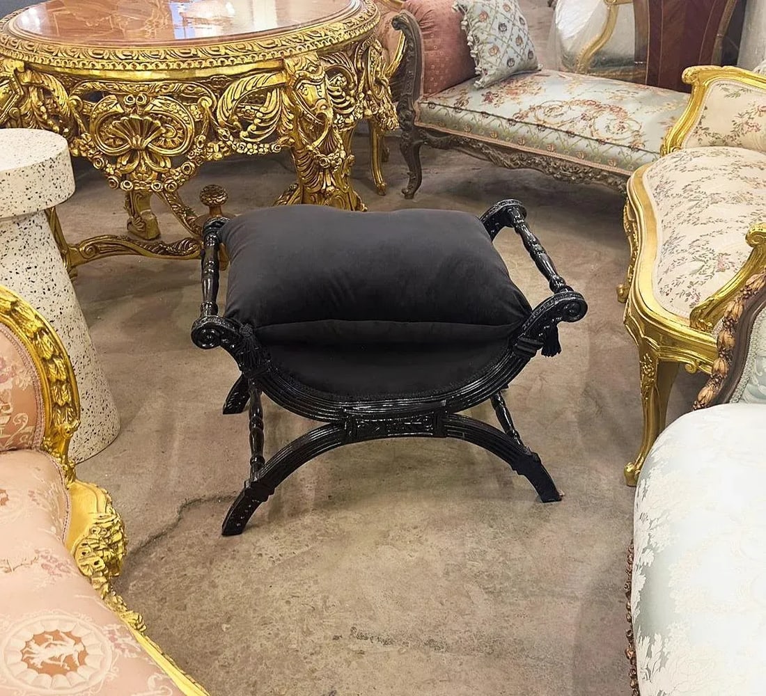 Baroque Style Black Velvet Bench - 2