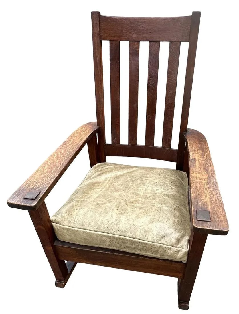 Antique Stickley Brothers Grand Rapids Mission Oak Rocking Chair With New Leather Upholstery - Circa - 2