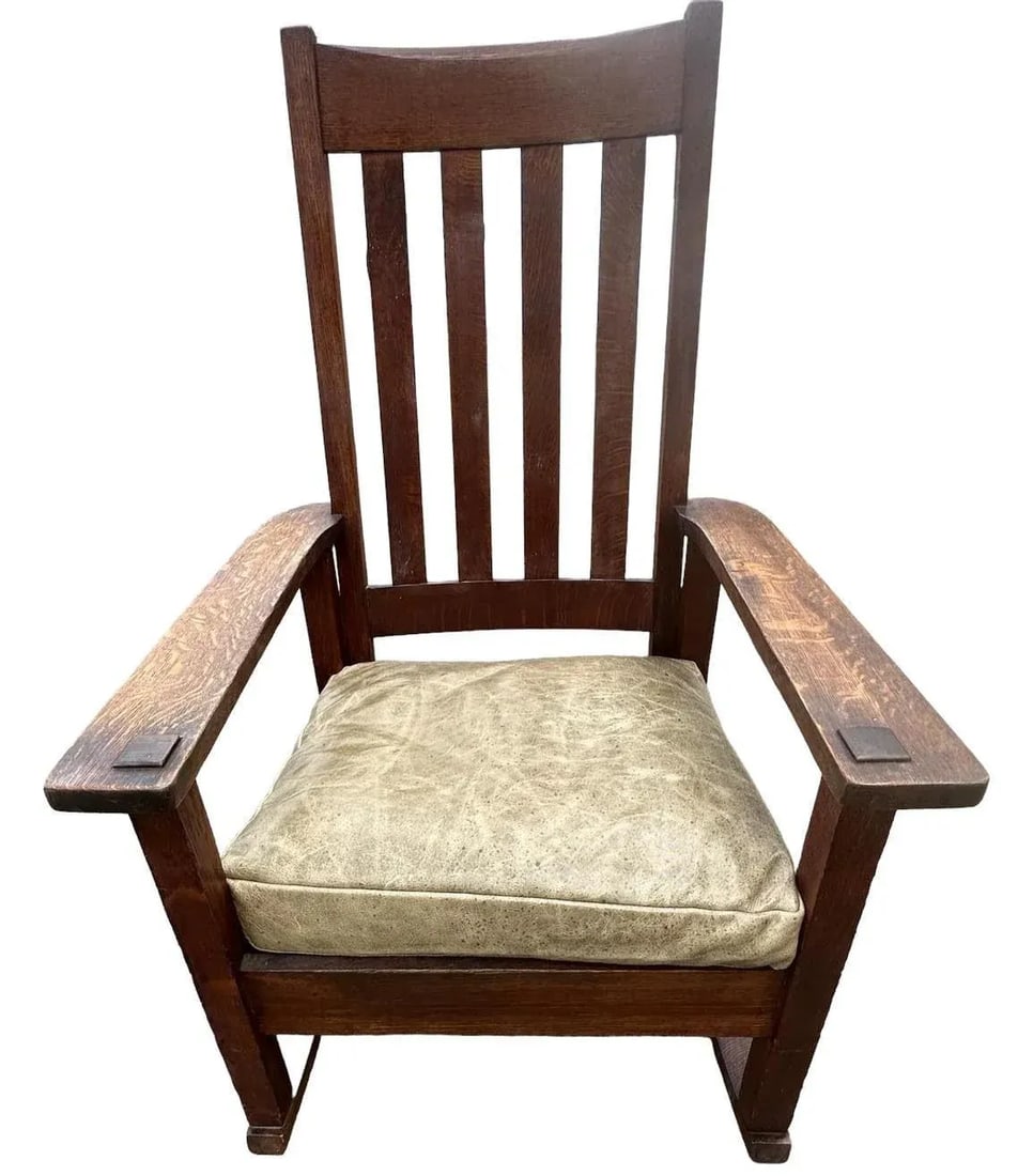 Antique Stickley Brothers Grand Rapids Mission Oak Rocking Chair With New Leather Upholstery - Circa - 3