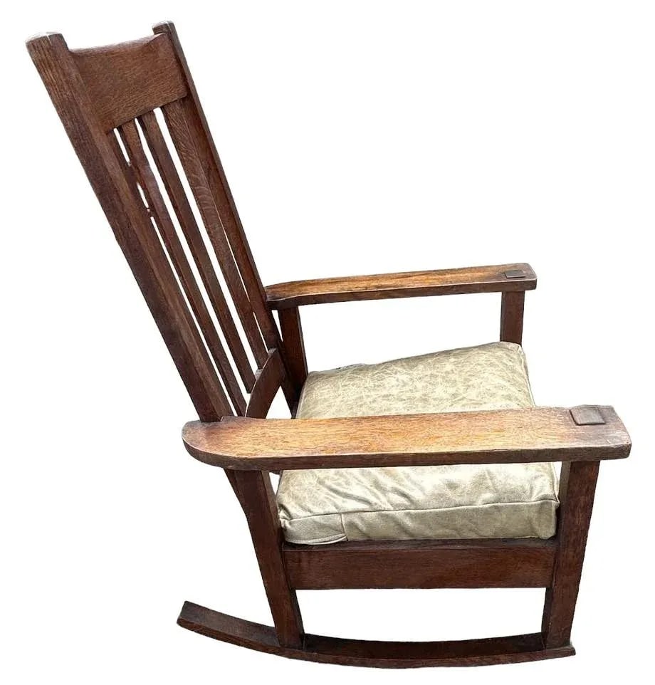Antique Stickley Brothers Grand Rapids Mission Oak Rocking Chair With New Leather Upholstery - Circa - 6