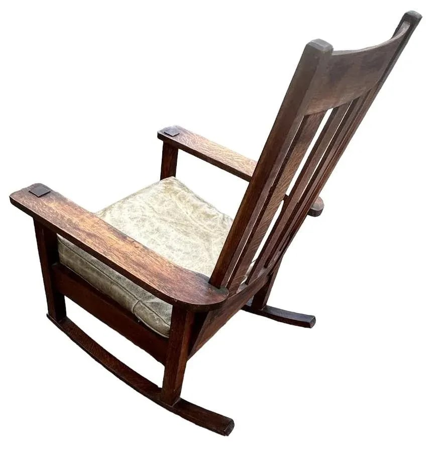 Antique Stickley Brothers Grand Rapids Mission Oak Rocking Chair With New Leather Upholstery - Circa - 7