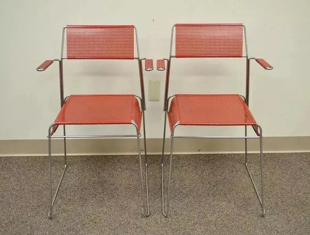 Vintage Tomado Style Mid Century Modern Red Stacking Chrome Metal Mesh Chairs- a Pair - 2