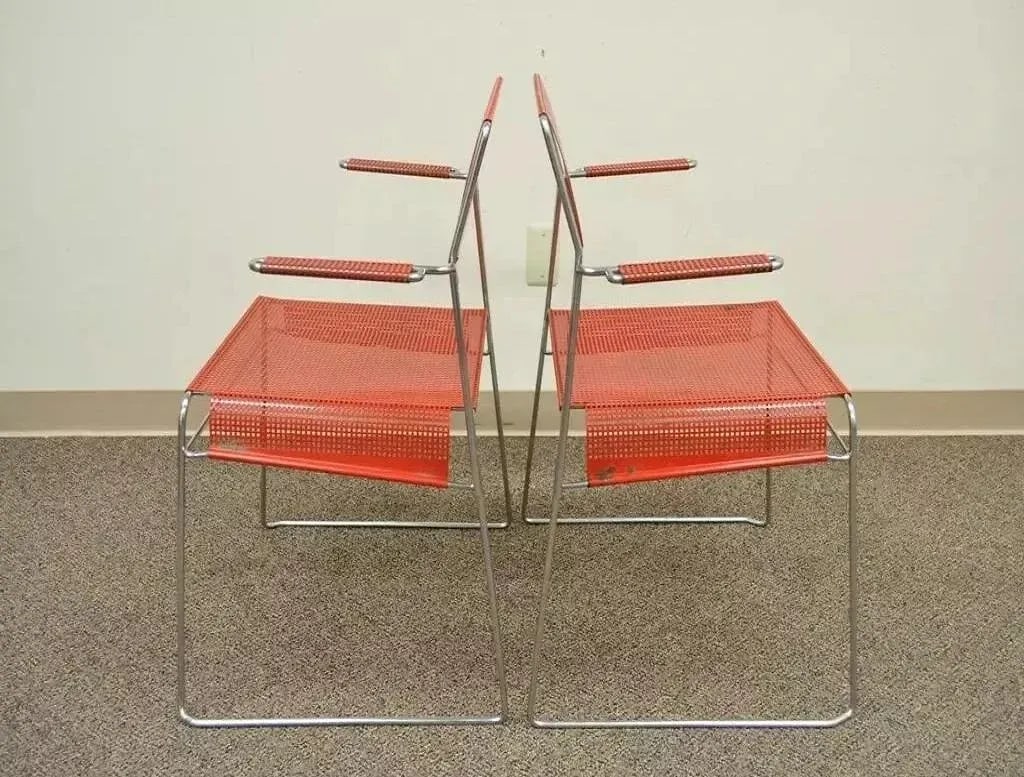 Vintage Tomado Style Mid Century Modern Red Stacking Chrome Metal Mesh Chairs- a Pair - 3