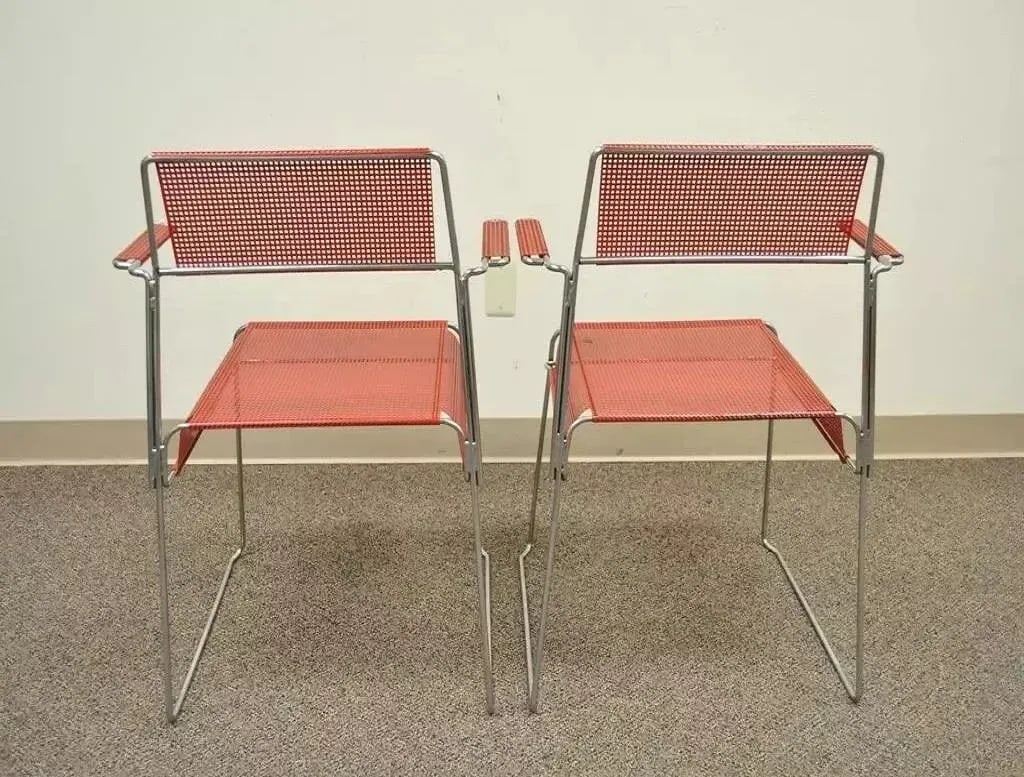 Vintage Tomado Style Mid Century Modern Red Stacking Chrome Metal Mesh Chairs- a Pair - 8