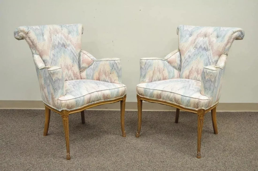 Early 20th Century Vintage French Hollywood Regency Rolled Back Fireside Parlor Arm Chairs - a Pair - 2