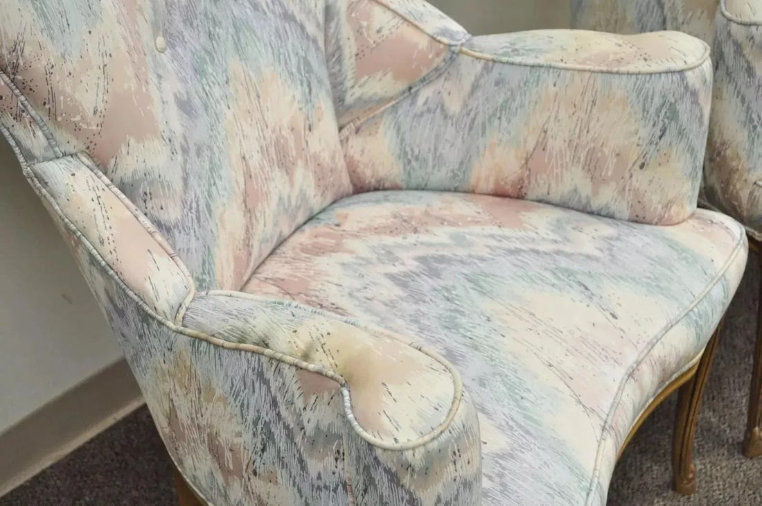 Early 20th Century Vintage French Hollywood Regency Rolled Back Fireside Parlor Arm Chairs - a Pair - 7