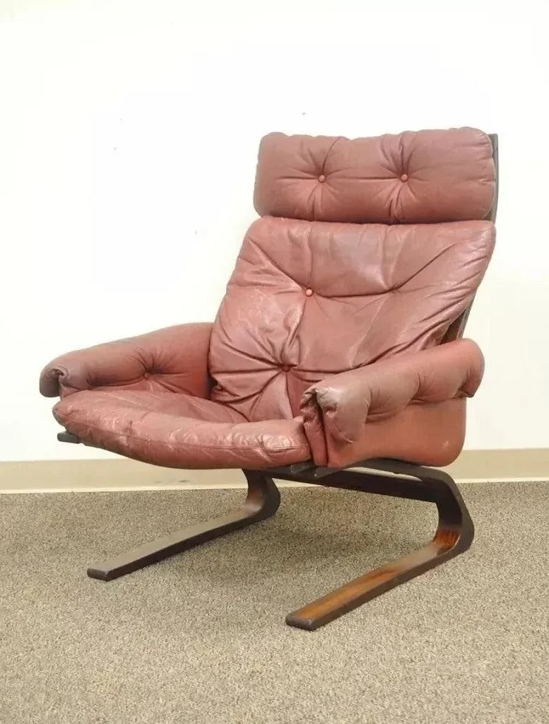 Rybo Rykken Mid 20th Century Modern Rosewood Leather Kengu Lounge Chair and Ottoman - 2