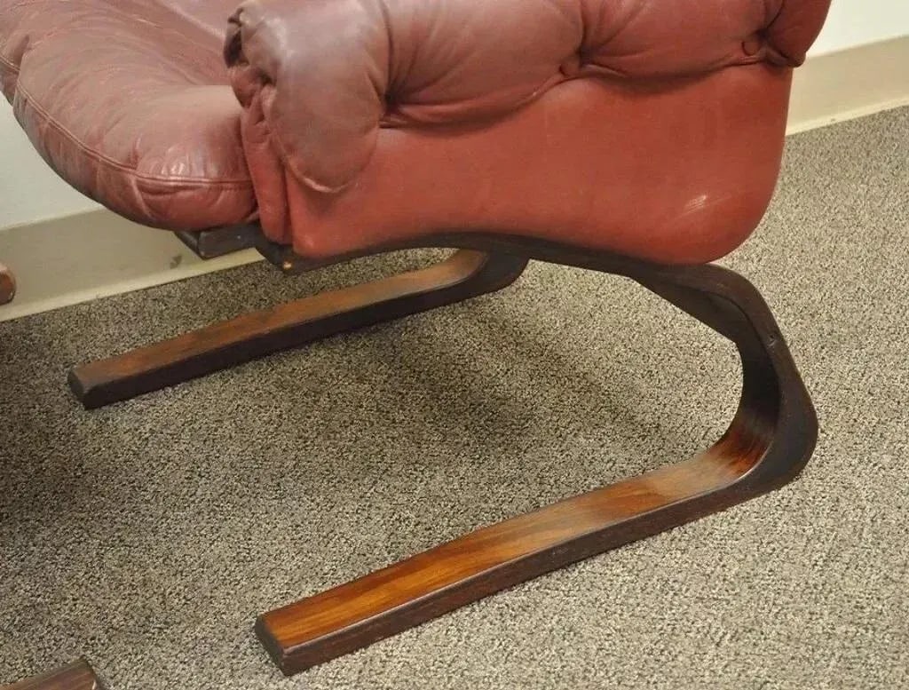 Rybo Rykken Mid 20th Century Modern Rosewood Leather Kengu Lounge Chair and Ottoman - 7