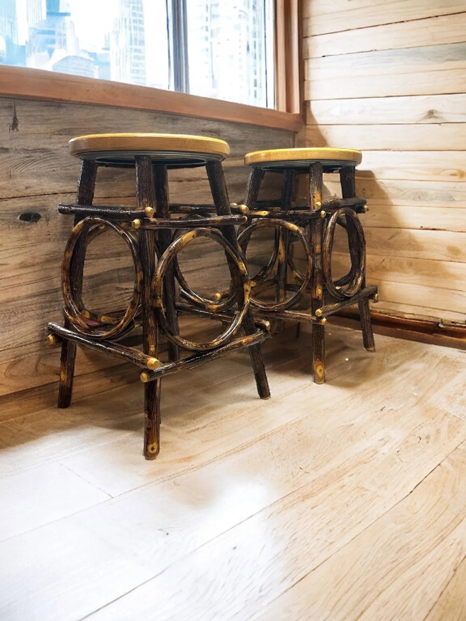 Amish Folk Art Bentwood Hickory and Oak Hand Crafted Swivel Stools -a Pair - 2