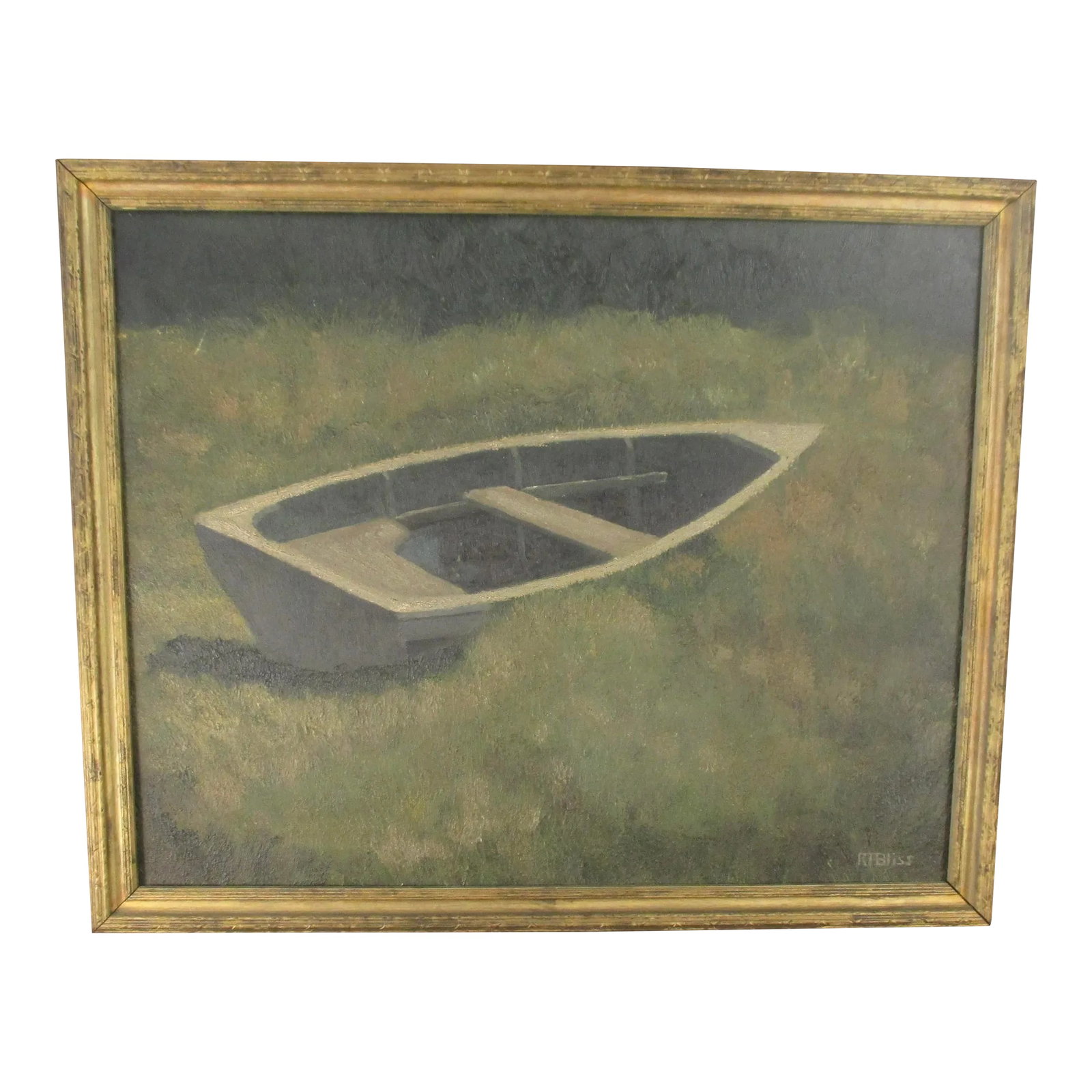 Robert Bliss Painting Boat on Shore Circa Mid-20th: Robert Bliss ( American 1925-1981, Mass..) well-known painter in Massachusetts, widely collected and known for paintings of the figure and shoreline landscapes. The scene is a view of a solitary boat