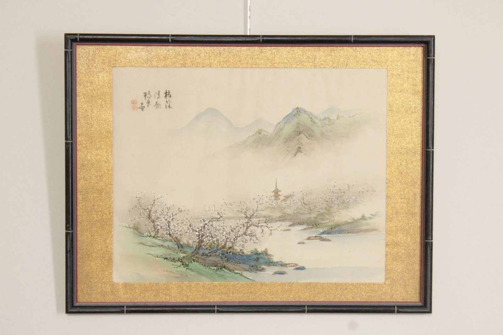Chinese Mountain Village Landscape Painting On Silk, Custom Framed - 2