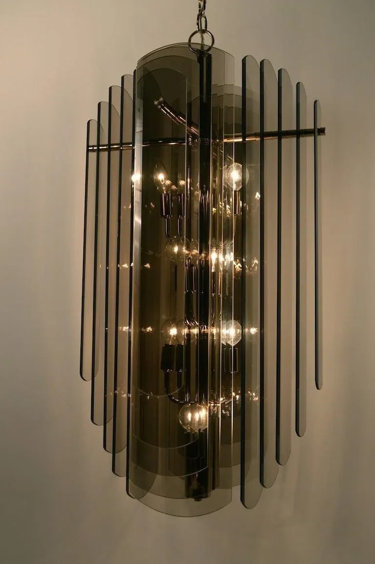 Smoked Glass and Brass Chandelier by Lightolier - 2