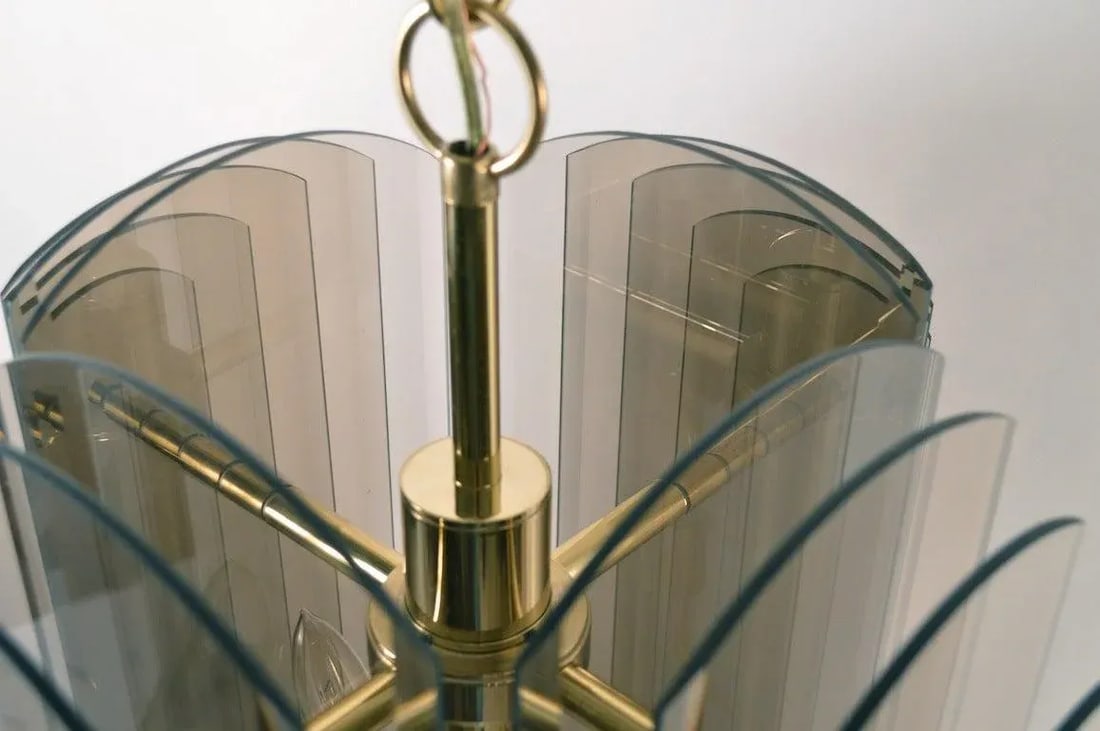 Smoked Glass and Brass Chandelier by Lightolier - 7