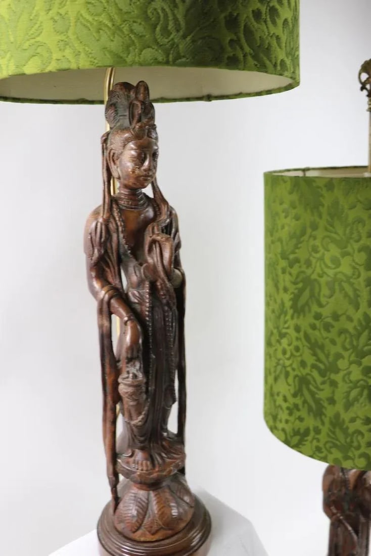 Carved Wood Tibetan Buddha Table Lamps - a Pair - 2