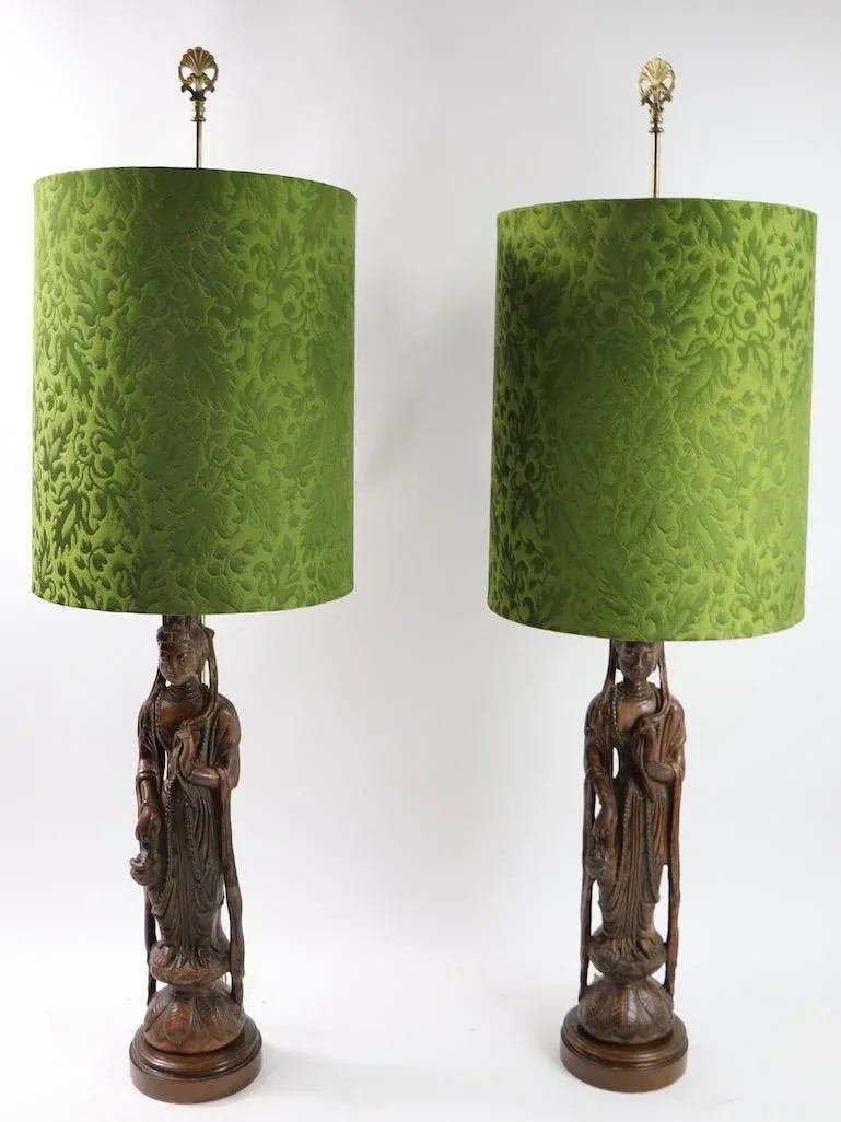 Carved Wood Tibetan Buddha Table Lamps - a Pair - 3
