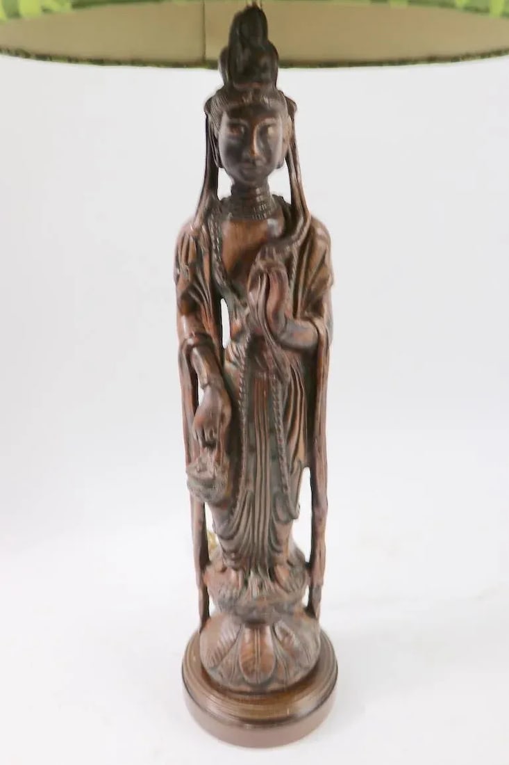 Carved Wood Tibetan Buddha Table Lamps - a Pair - 5