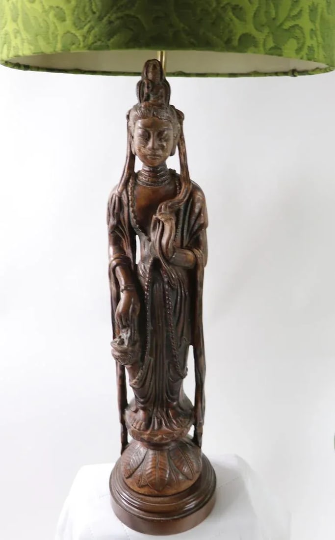 Carved Wood Tibetan Buddha Table Lamps - a Pair - 7
