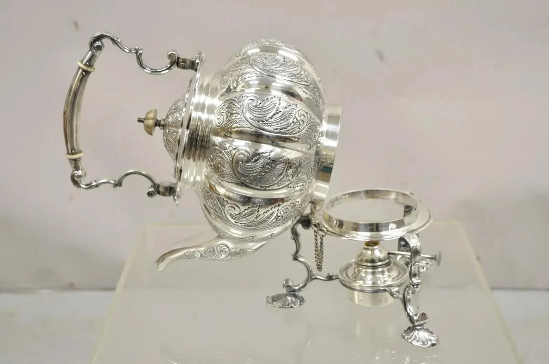Antique English Victorian Ps Co. Silver Plated Tipping Tea Pot on Warming Base - 2