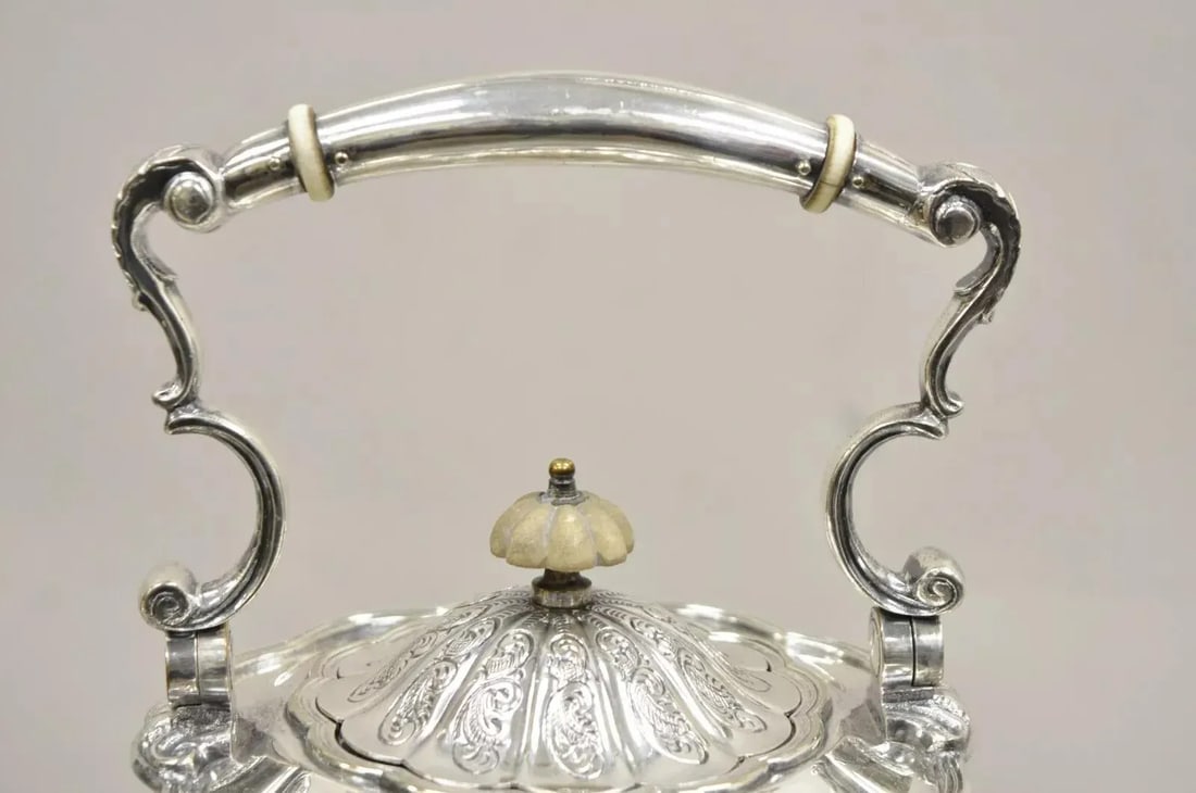 Antique English Victorian Ps Co. Silver Plated Tipping Tea Pot on Warming Base - 4