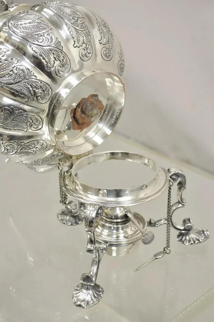 Antique English Victorian Ps Co. Silver Plated Tipping Tea Pot on Warming Base - 8